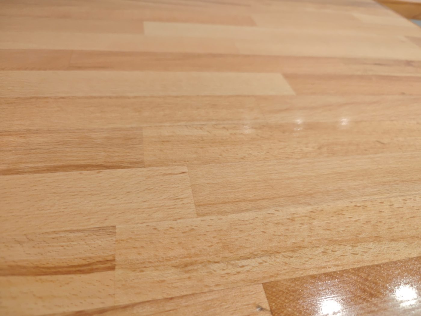 Close-up of the finished beech worktop, sanded, oiled and sealed